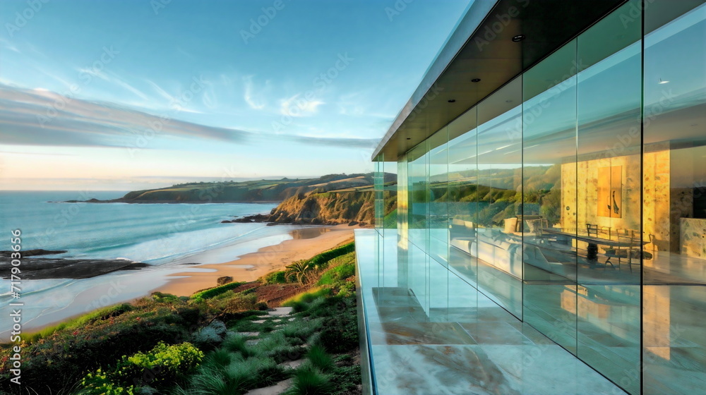 A stunning glass-walled house that overlooks a picturesque beach, its transparent walls dissolving the boundaries between the interior and the breathtaking coastal views