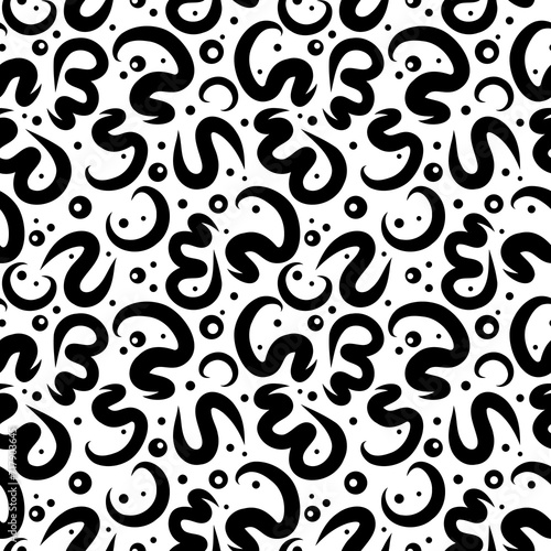 Abstract hand-drawn thick curvy black lines and dots on white background. Monochromatic seamless pattern for printing on fabric, wrapping, textile, wallpaper, apparel etc.