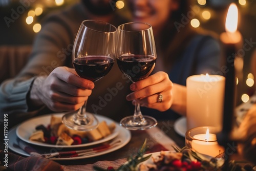 Valentine's day Elegant dining setup with crystal clear wine glasses and lit candles creating a warm, intimate ambiance, highlighted by soft glowing lights in the background. Ai generated