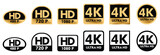 Golden 4K badge icon set. 4k Ultra HD icons. 4K UHD TV symbol of High Definition monitor display resolution standard vector .