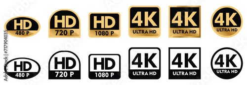 Golden 4K badge icon set. 4k Ultra HD icons. 4K UHD TV symbol of High Definition monitor display resolution standard vector . photo