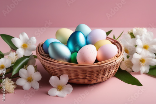 Basket with colorful Easter eggs and blooming flowers on the table on pink background.