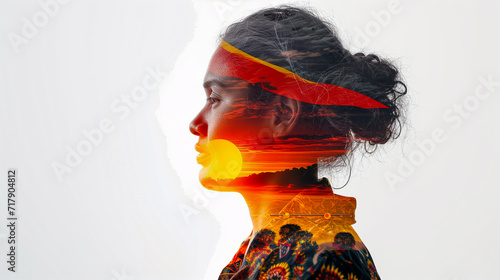 Double exposure portrait of Indigenous Australian man blended with colors of Aboriginal flag