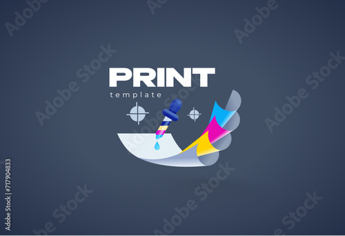 Print logo. Cmyk sheets of paper and pipette ink. Template design vector. Black background.