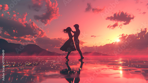 Valentine's day illustration featuring a silhouette of a dancing couple at sunset