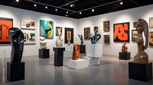 Innovative space showcasing avant-garde sculptures and paintings. Modern artistry, abstract sculptures, eclectic paintings, creative expressions. Generated by AI.