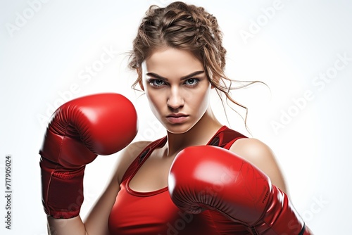 Close-up portrait of a strong and determined female boxer against a clean white background