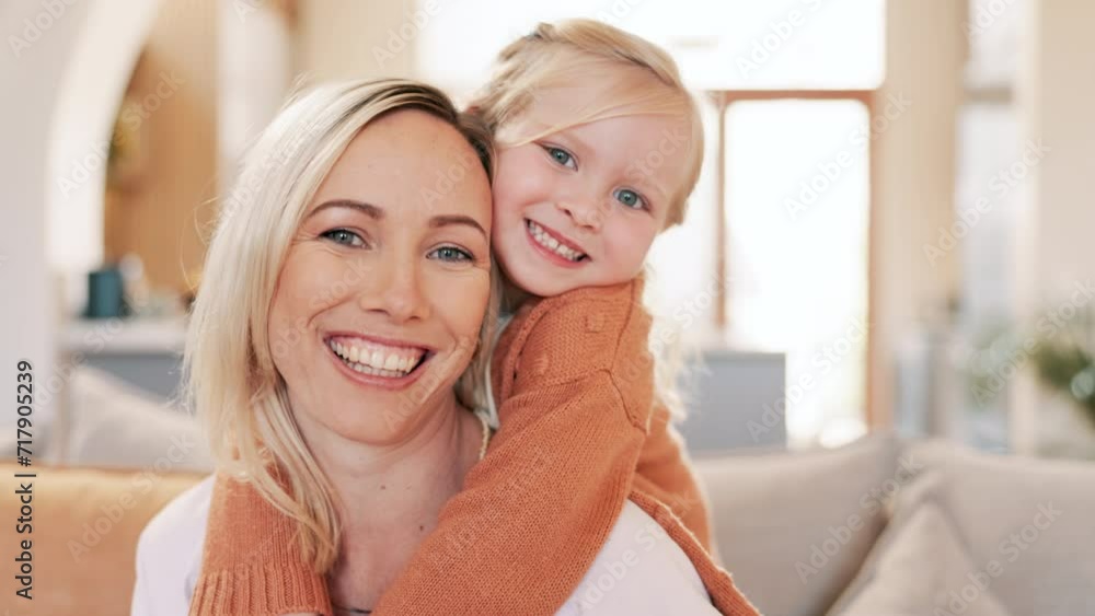 Mother, child and loving hug or face, bonding and affection in relationship or security and care. Mommy, daughter and portrait in living room and family relaxing in embrace, comfort and smile at home Mother, child and loving hug or face, bonding and affection in relationship or security and care. Mommy, daughter and portrait in living room and family relaxing in embrace, comfort and smile at home