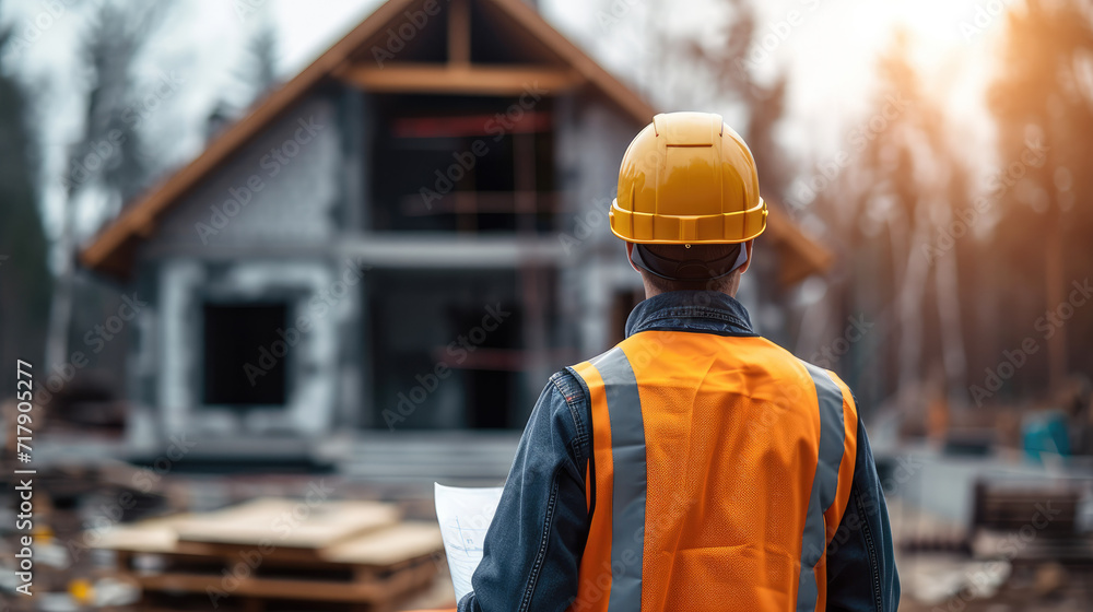 Engineer with protective helmet and blueprint paper working at house construction site. Generative AI. Engineer with protective helmet and blueprint paper working at house construction site. Generative AI.