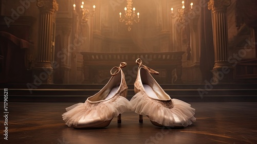 Graceful ballet shoes carefully positioned on a stage. Elegant dancewear, artistic finesse, footwear for dance. Generated by AI. photo