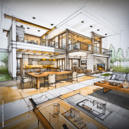 lifestyle photo house interior architectural drawing.