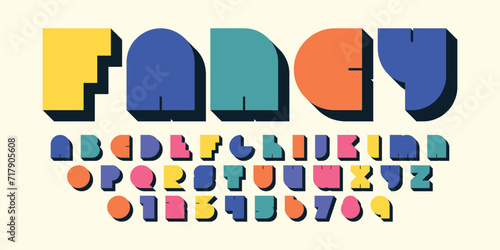 Playful colorful font design, childish alphabet letters and numbers vector illustration
