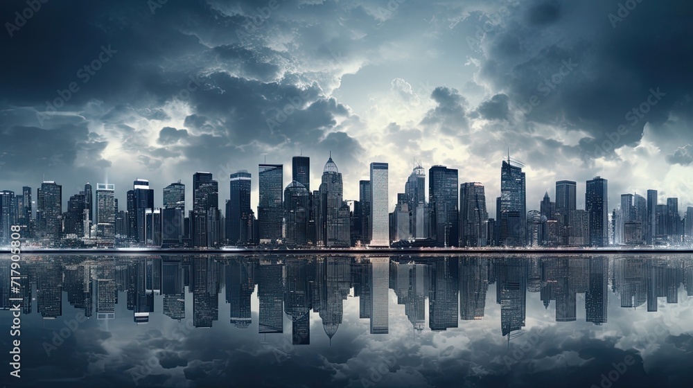 Obraz premium Modern cityscape boasts sleek, towering skyscrapers. Contemporary skyline, urban vista, high-rise architecture, metropolitan landscape. Generated by AI.