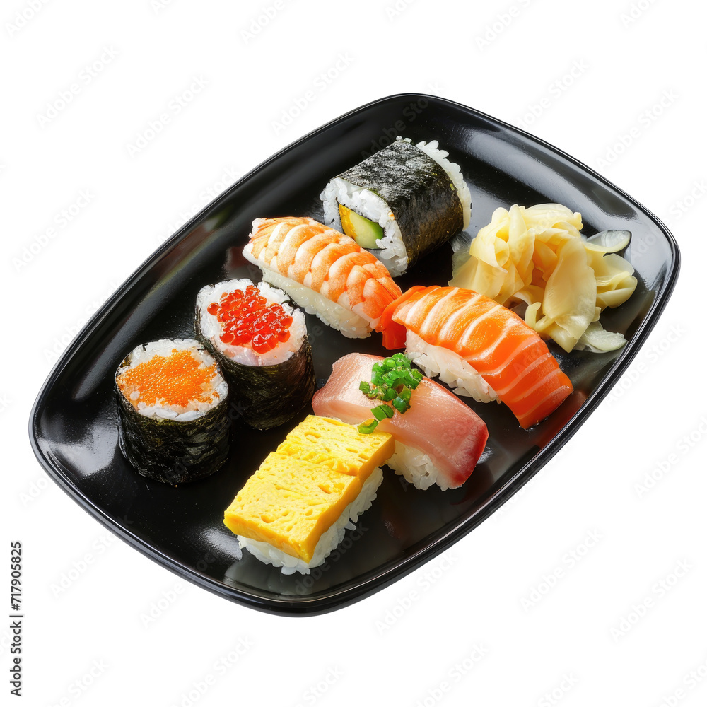 Japanese Sushi Rolls in black plate, Top view. Transparent background Japanese Sushi Rolls in black plate, Top view. Transparent background