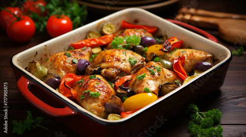 Chicken baked with vegetables.