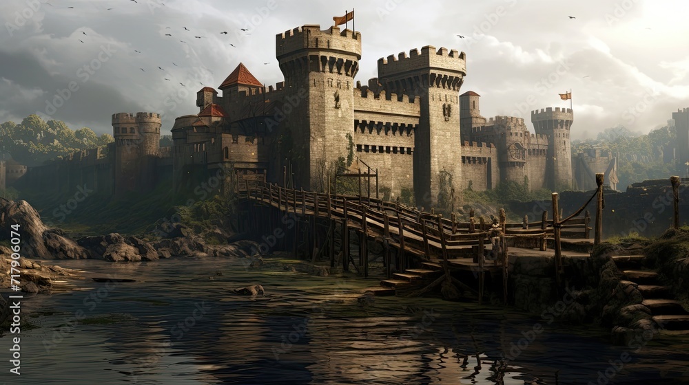 Fototapeta premium Ancient medieval castle proudly stands on a hill, encircled by a protective moat. Historic fortress, hilltop stronghold, ancient architecture, fortified structure. Generated by AI.