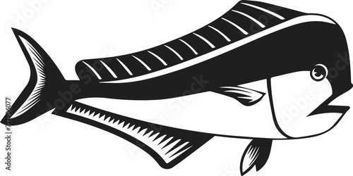 Mahi-mahi or Common Dolphinfish Jumping Up High Retro Black and White