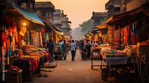 Lively, street market, colorful, fabrics, textiles, textures, patterns, diverse, cultural, bustling stalls. Generated by AI.