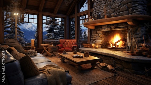 Tranquil mountain cabin, roaring fireplace, coziness, retreat, outdoors, snug ambiance. Generated by AI.