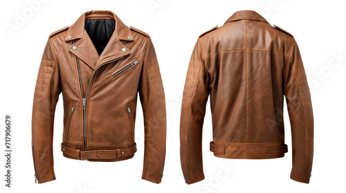 Men's brown leather jacket showcasing front and back views mock-up, cut out