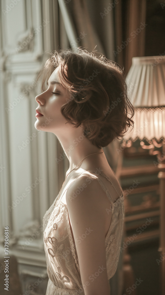 Fototapeta premium A beautiful young woman in a 1920s bedroom
