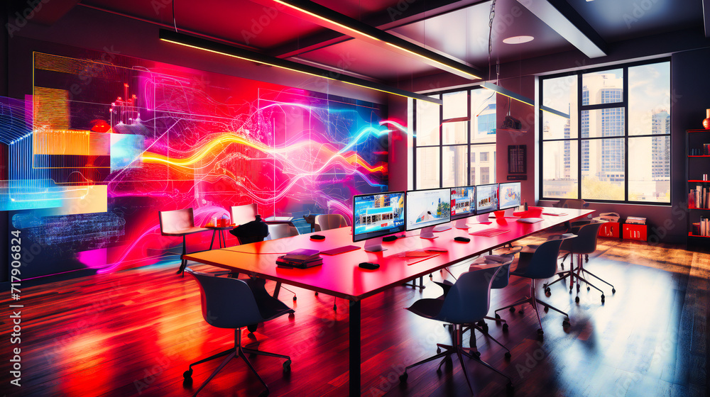 Futuristic Office Technology: Modern Business Space with High-Tech Control Center
