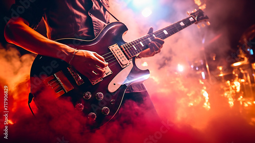A guitarist performing a guitar solo on stage, closeup photo