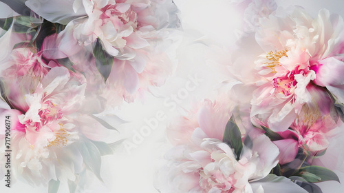 A peony flowers frame in double exposure enhances the greeting card template, providing free copy space at the center