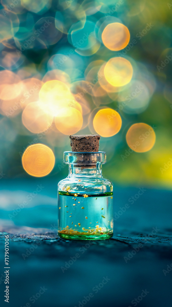 Essential oil bottle with herbs and flowers around Essential oil bottle with herbs and flowers around