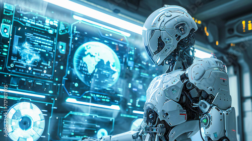 An advanced humanoid android or robot operating a computer interface in a lab or spaceship photo