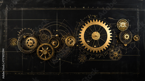 Old cogwheel ensemble over a diagram. Old mechanical technology concept.