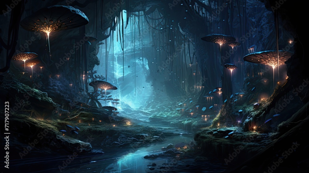 Hidden sanctuary illuminated by captivating bioluminescent mushrooms. Secret charm, luminous fungi, underground haven, otherworldly ambiance, magical radiance, natural allure. Generated by AI.