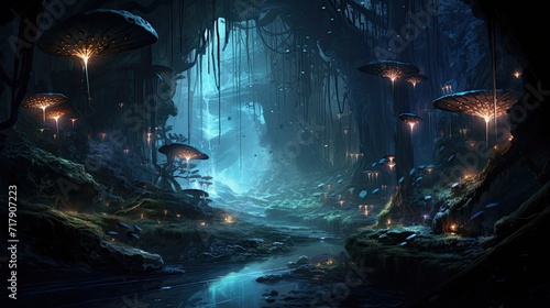 Hidden sanctuary illuminated by captivating bioluminescent mushrooms. Secret charm, luminous fungi, underground haven, otherworldly ambiance, magical radiance, natural allure. Generated by AI.