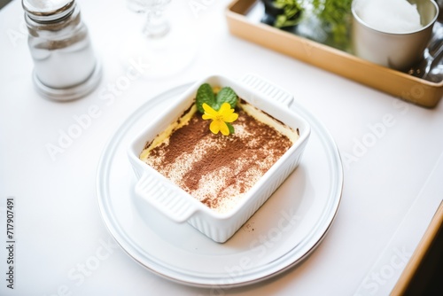 tiramisu in a white rectangle dish with a cocoa powder dusting
