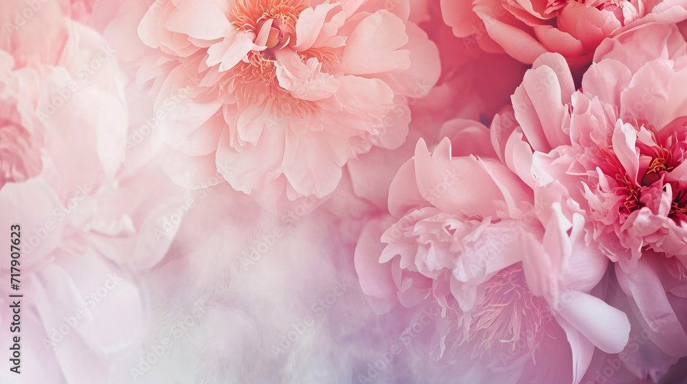 Greeting card template with double exposure features a frame of peony flowers, with free copy space in the center Greeting card template with double exposure features a frame of peony flowers, with free copy space in the center