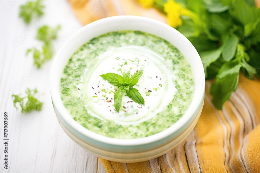 green pea detox soup with yogurt swirl, mint leaves scattered green pea detox soup with yogurt swirl, mint leaves scattered