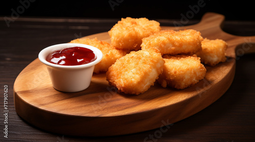 Chicken nuggets with ketchup sauce on wooden