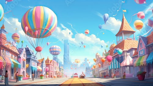 Bustling carnival filled with vibrant rides and cotton candy stalls. Festive atmosphere, colorful amusements, sugary treats, joyful revelry, lively entertainment. Generated by AI. photo