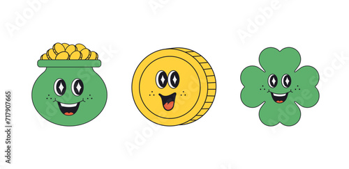 Green pot with gold coins, coin, clover happy retro cartoon groovy characters set. Saint Patrick’s Day. Y2K, vintage aesthetics. Cute mascot design for posters, flyers, brochures, web, and stickers.