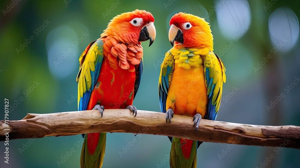 Colorful parrots with vibrant plumage settled on a tree branch. Tropical avian pair, lively perching, nature's palette. Generated by AI.