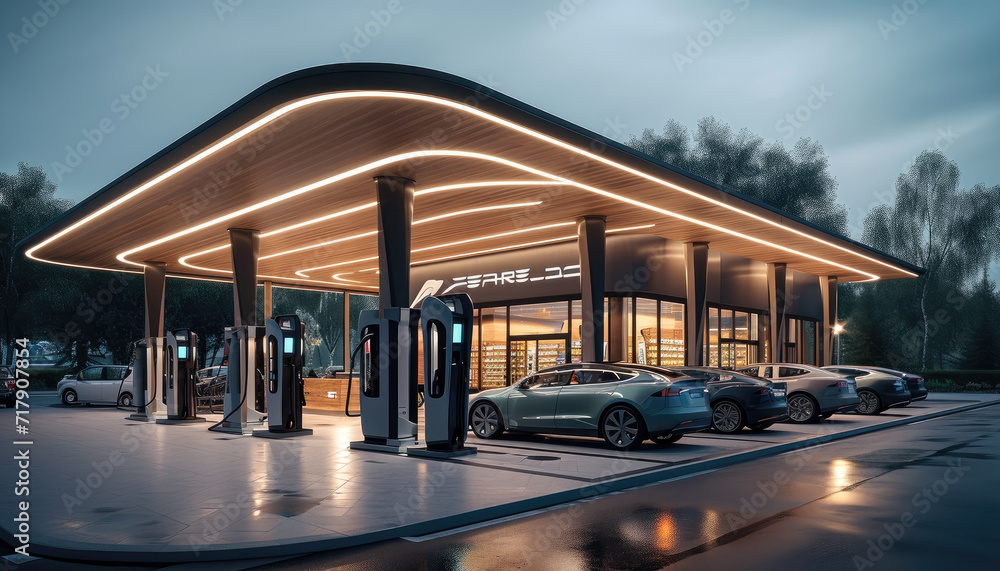Modern design of drive through convenience store with electric vehicles charging stations. Generative AI.