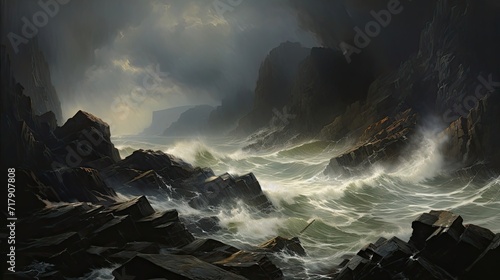 Stormy waves, craggy cliffs, fiercely collide, dramatic scene, raw power, majestic chaos, sea. Generated by AI.