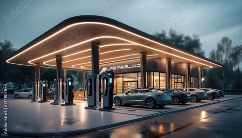 Modern design of drive through convenience store with electric vehicles charging stations. Generative AI. photo