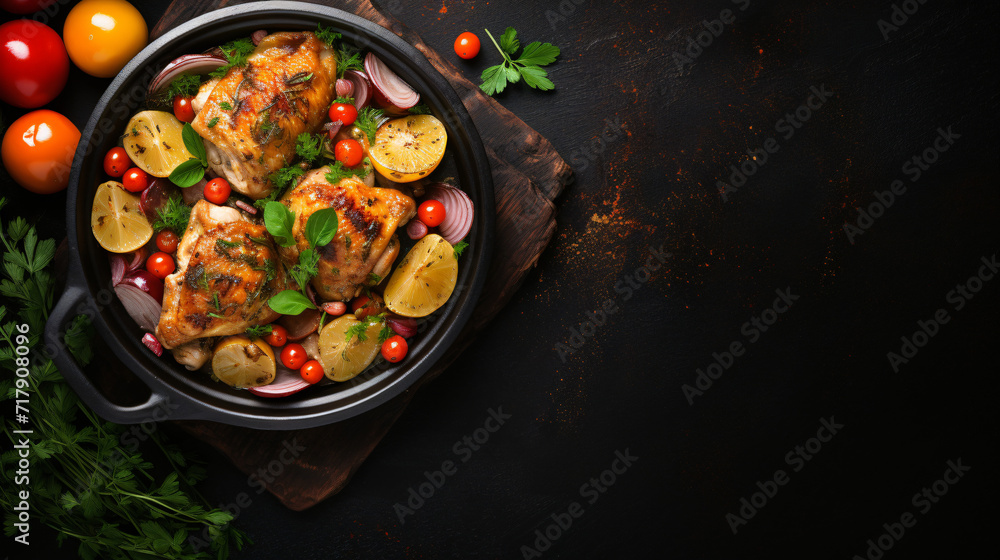 Chicken stew with vegetables black stone table