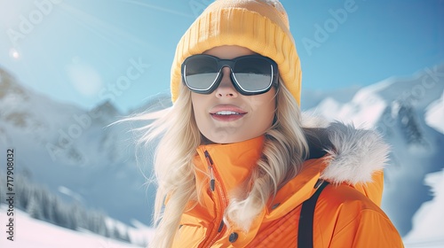  girl in goggles on background of snowy mountains at the ski resort adventures