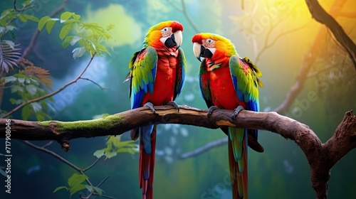 Tropical parrots with stunning colors resting on a tree branch. Vivid plumage, colorful avian pair, perched elegantly. Generated by AI.