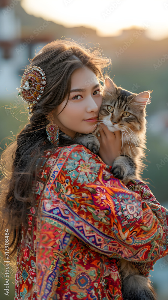 The idea of ​​taking photos with animals aims to promote traditional costumes of some Asian countries, models, animals, women, beauties, daytime, fashion, dress, traditional costumes, AI-generated.