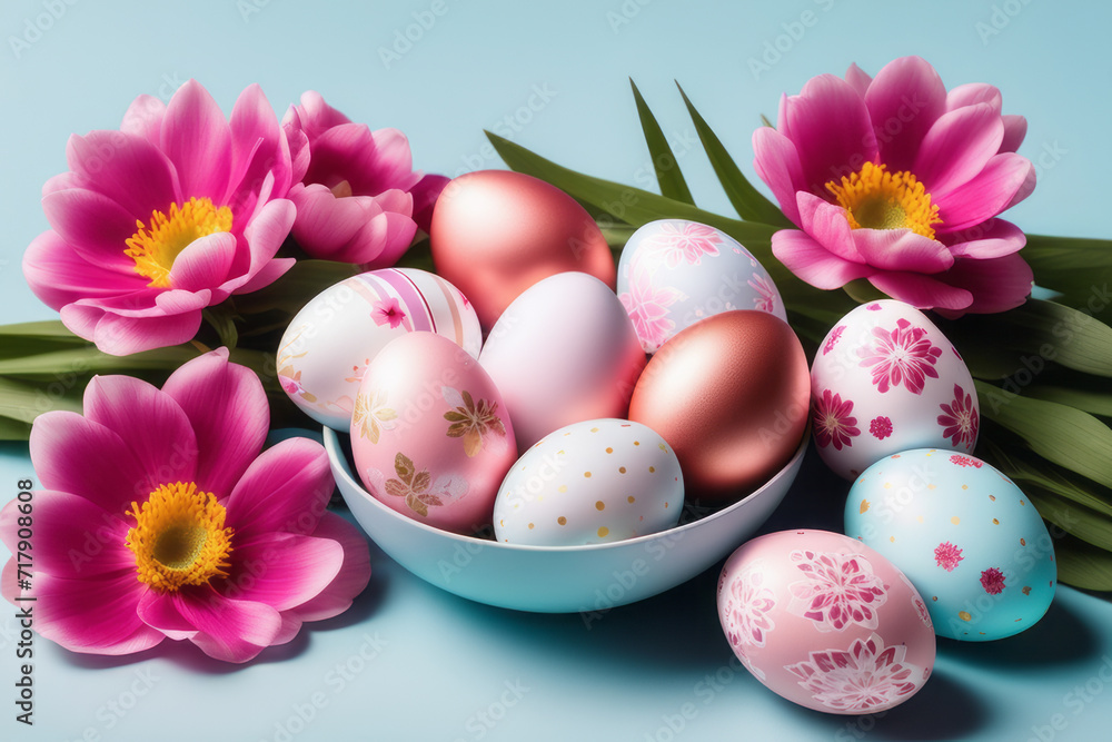 Colorful Easter eggs and blooming pink flowers on light blue background. Colorful Easter eggs and blooming pink flowers on light blue background.