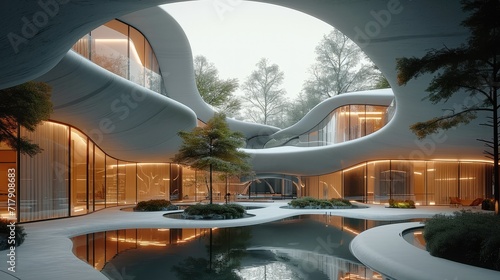 Modern style outdoor courtyard, rich landscape space, dark curved structures, fluidity, freedom, futuristic feeling. Generative AI. © visoot