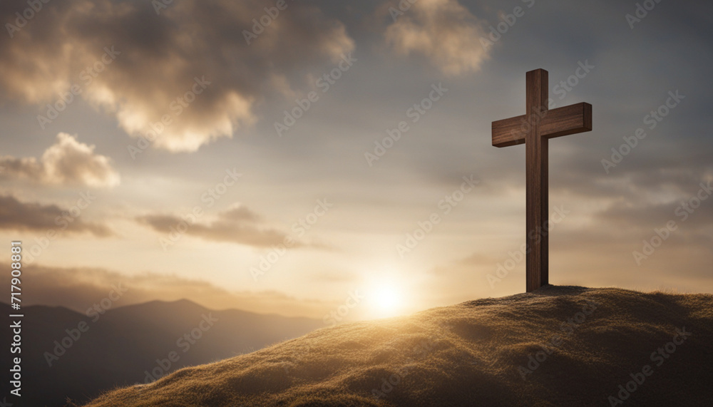 Wooden cross on hill top. Redemption concept